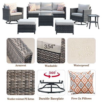 Set di mobili da giardino in vimini OVIOS da 7 pezzi con sedie a dondolo girevoli