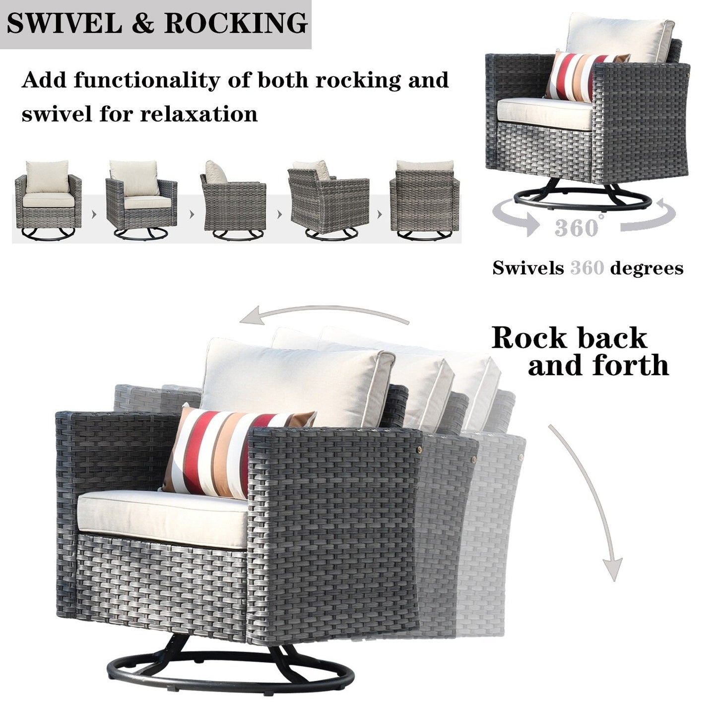 Set di mobili da giardino in vimini OVIOS da 7 pezzi con sedie a dondolo girevoli