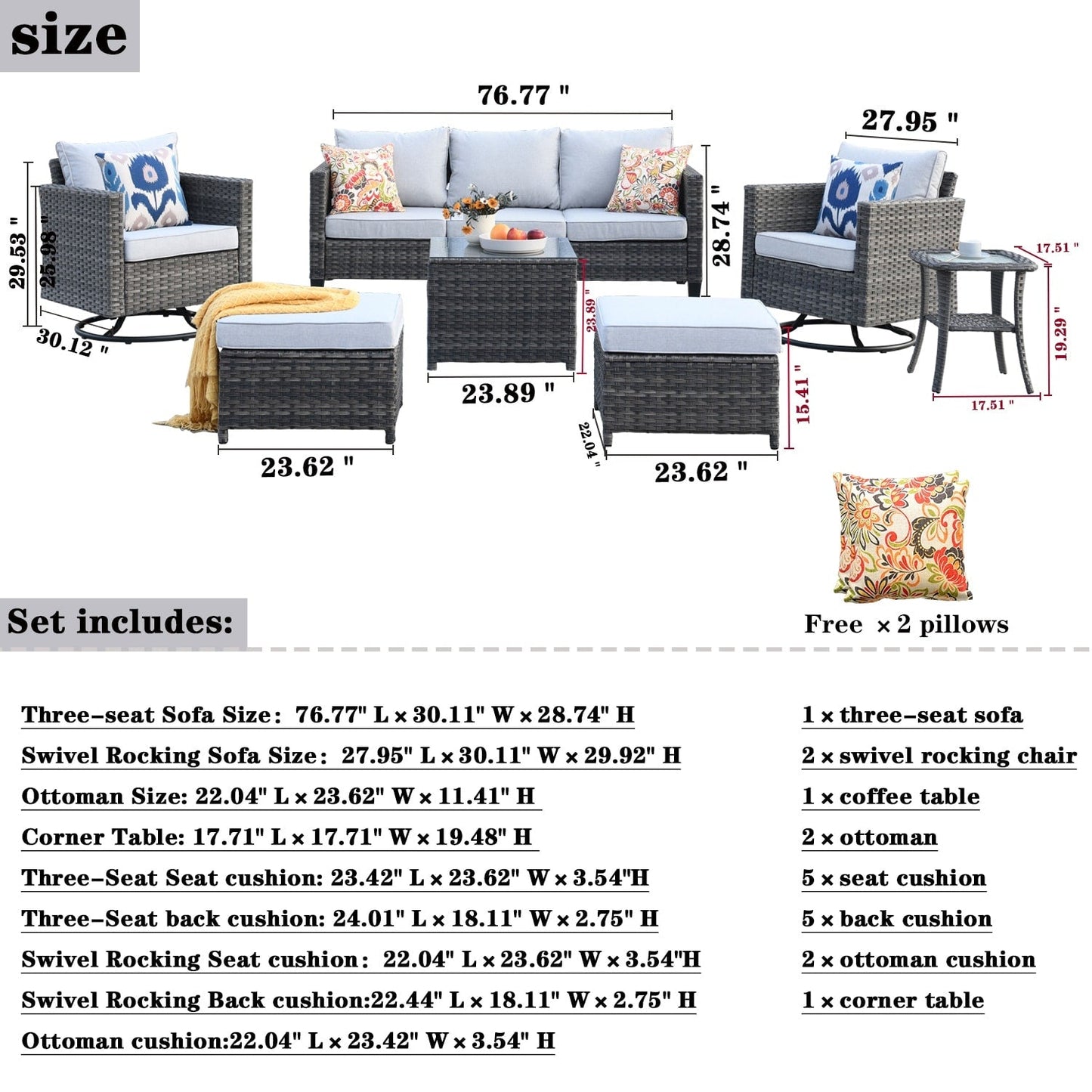 Set di mobili da giardino in vimini OVIOS da 7 pezzi con sedie a dondolo girevoli