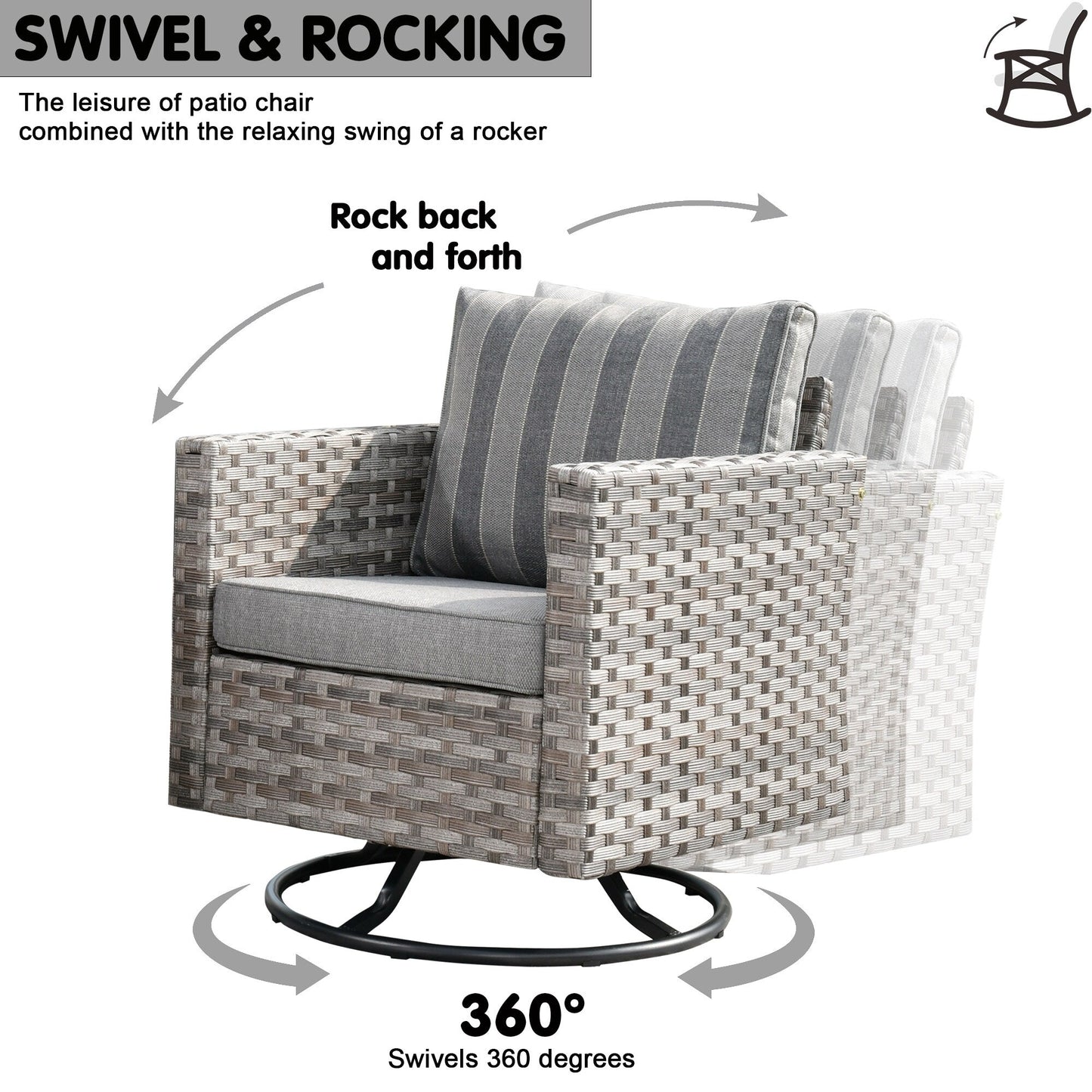 Set di 9 sedie a dondolo girevoli in vimini per patio OVIOS con tavoli con piano in vetro