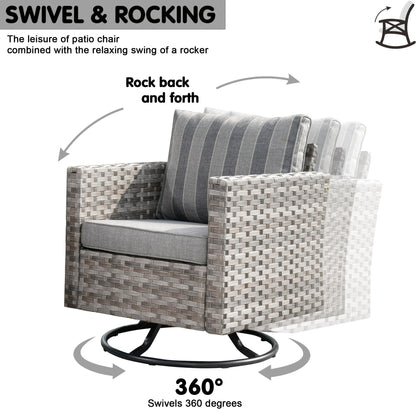 Set di 9 sedie a dondolo girevoli in vimini per patio OVIOS con tavoli con piano in vetro