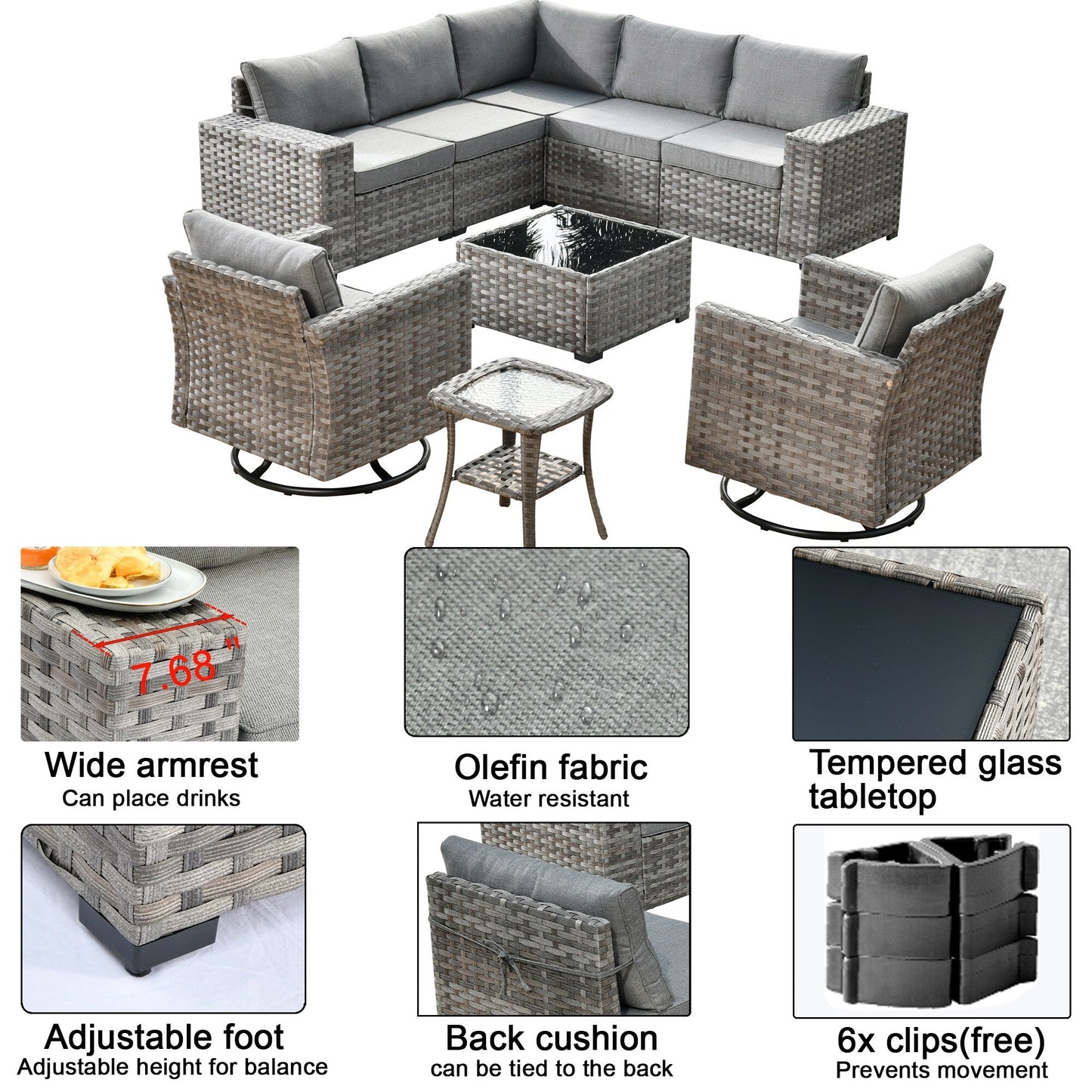 Set di 9 sedie a dondolo girevoli in vimini per patio OVIOS con tavoli con piano in vetro