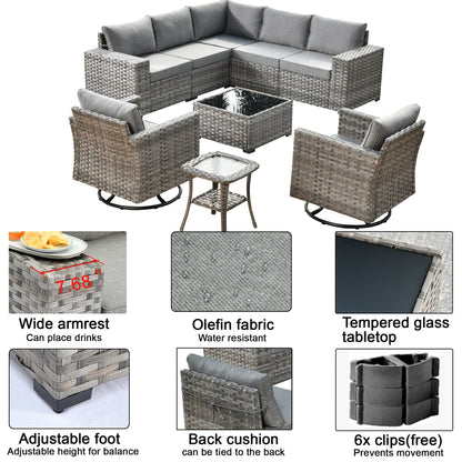 Set di 9 sedie a dondolo girevoli in vimini per patio OVIOS con tavoli con piano in vetro