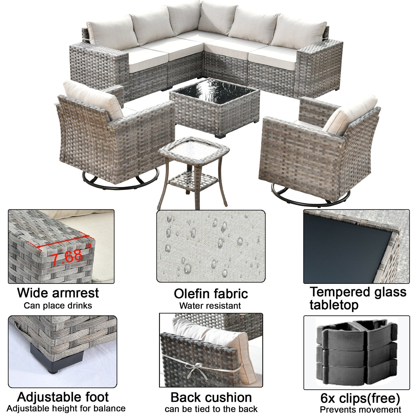 Set di 9 sedie a dondolo girevoli in vimini per patio OVIOS con tavoli con piano in vetro