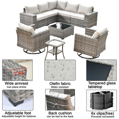 Set di 9 sedie a dondolo girevoli in vimini per patio OVIOS con tavoli con piano in vetro