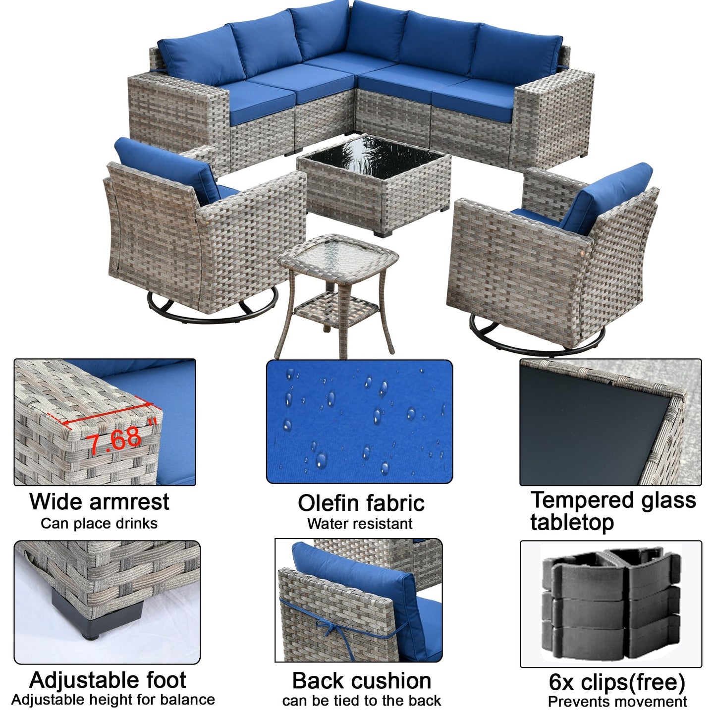 Set di 9 sedie a dondolo girevoli in vimini per patio OVIOS con tavoli con piano in vetro