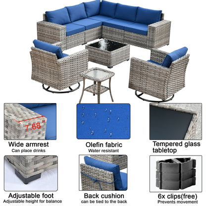 Set di 9 sedie a dondolo girevoli in vimini per patio OVIOS con tavoli con piano in vetro