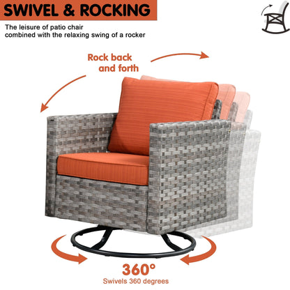 Set di 9 sedie a dondolo girevoli in vimini per patio OVIOS con tavoli con piano in vetro