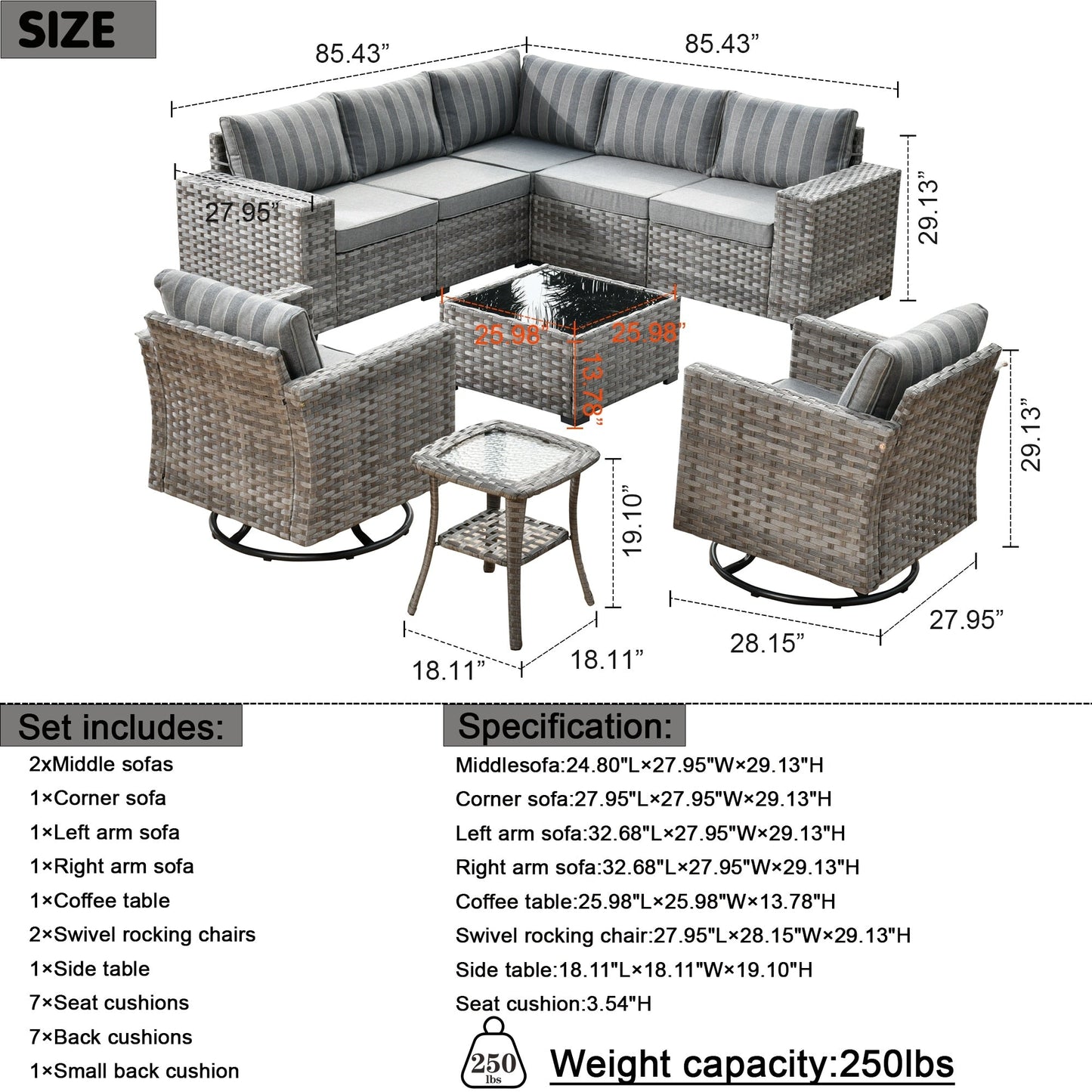 Set di 9 sedie a dondolo girevoli in vimini per patio OVIOS con tavoli con piano in vetro