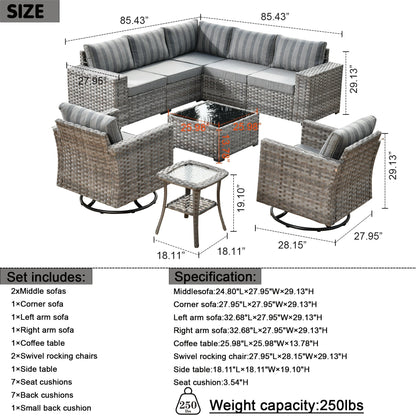 Set di 9 sedie a dondolo girevoli in vimini per patio OVIOS con tavoli con piano in vetro