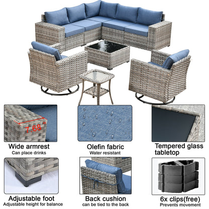 Set di 9 sedie a dondolo girevoli in vimini per patio OVIOS con tavoli con piano in vetro