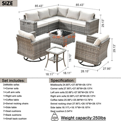 Set di 9 sedie a dondolo girevoli in vimini per patio OVIOS con tavoli con piano in vetro