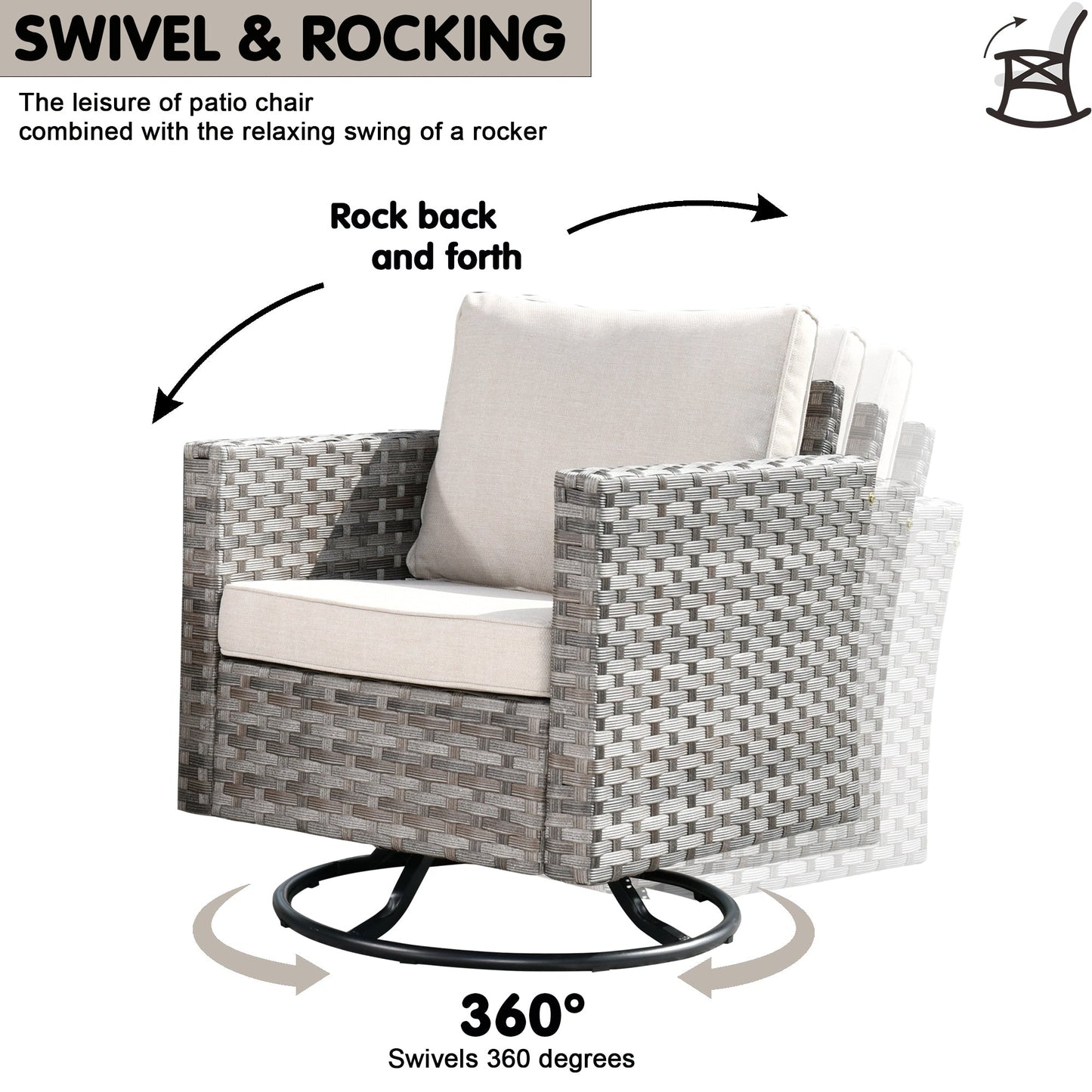 Set di 9 sedie a dondolo girevoli in vimini per patio OVIOS con tavoli con piano in vetro