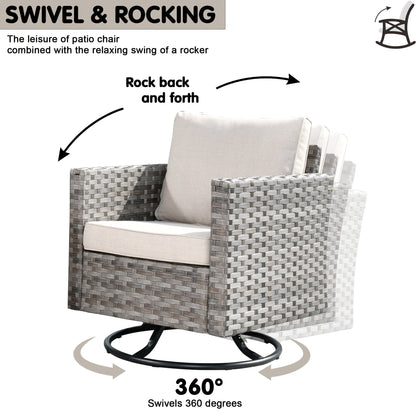 Set di 9 sedie a dondolo girevoli in vimini per patio OVIOS con tavoli con piano in vetro