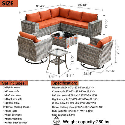 Set di 9 sedie a dondolo girevoli in vimini per patio OVIOS con tavoli con piano in vetro