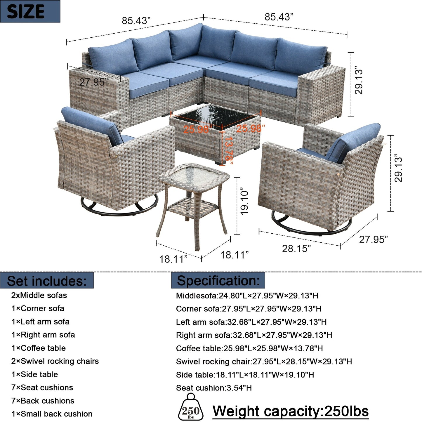 Set di 9 sedie a dondolo girevoli in vimini per patio OVIOS con tavoli con piano in vetro