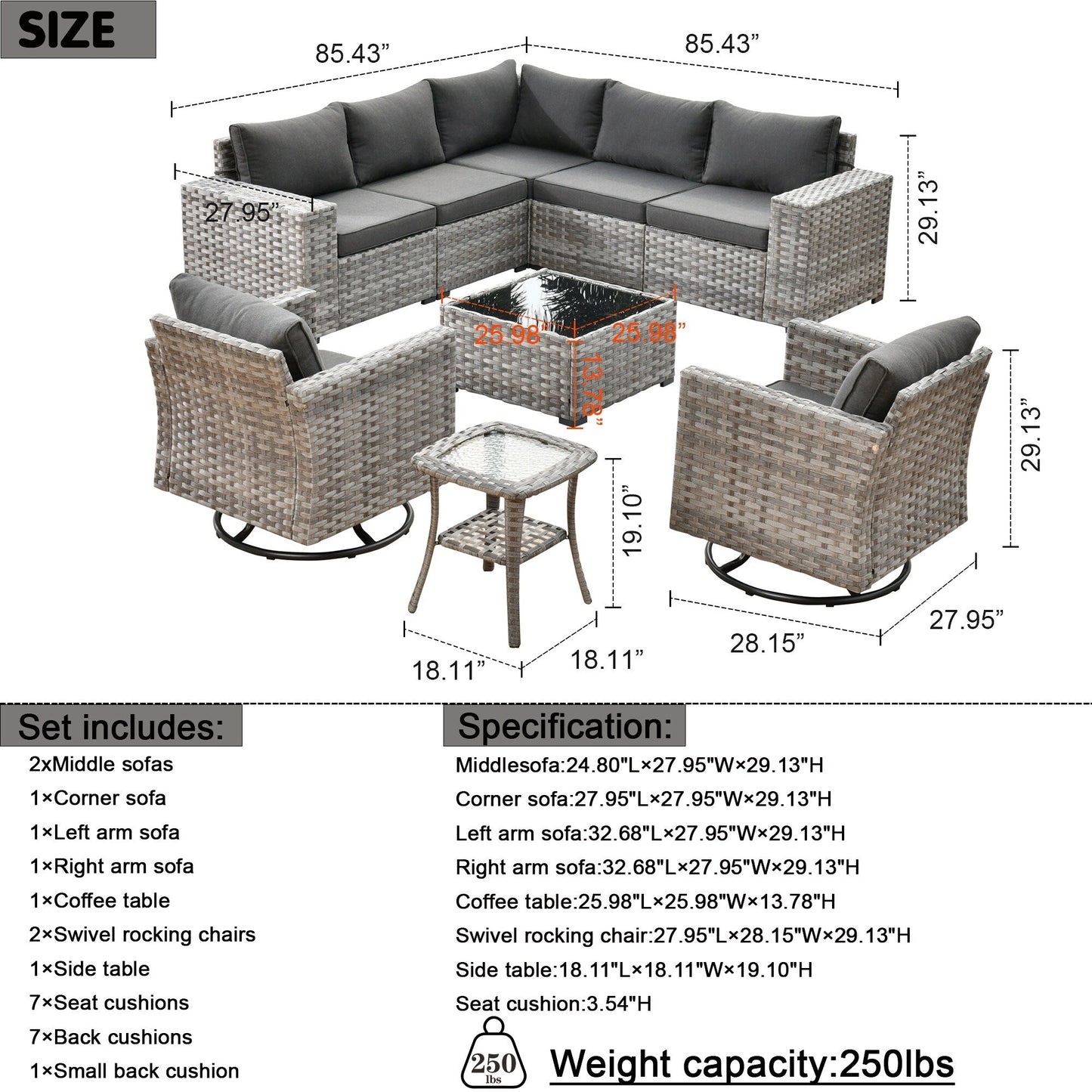 Set di 9 sedie a dondolo girevoli in vimini per patio OVIOS con tavoli con piano in vetro
