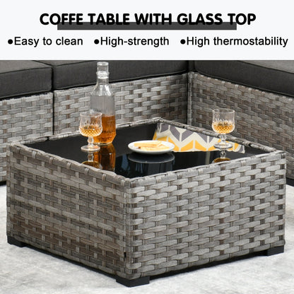 Set di 9 sedie a dondolo girevoli in vimini per patio OVIOS con tavoli con piano in vetro