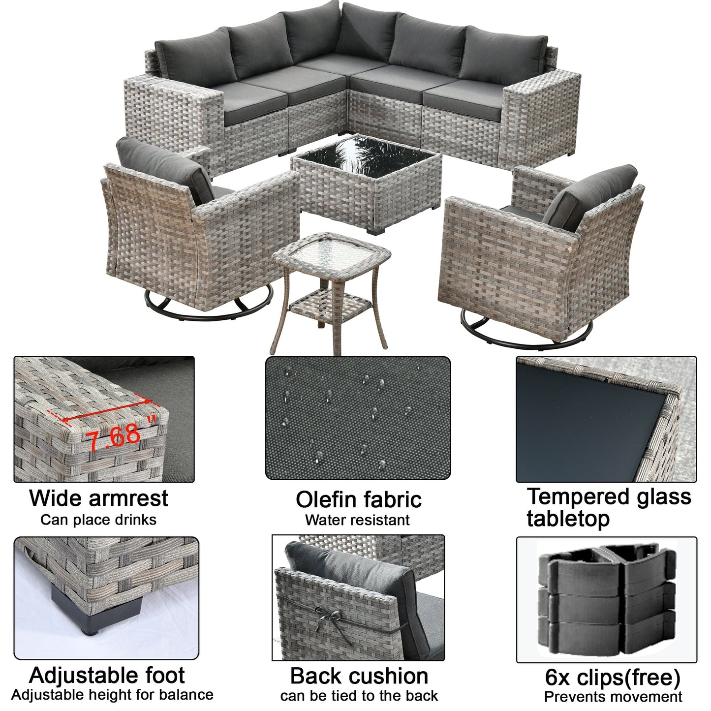 Set di 9 sedie a dondolo girevoli in vimini per patio OVIOS con tavoli con piano in vetro