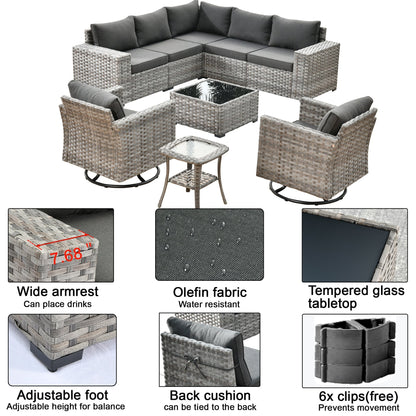 Set di 9 sedie a dondolo girevoli in vimini per patio OVIOS con tavoli con piano in vetro