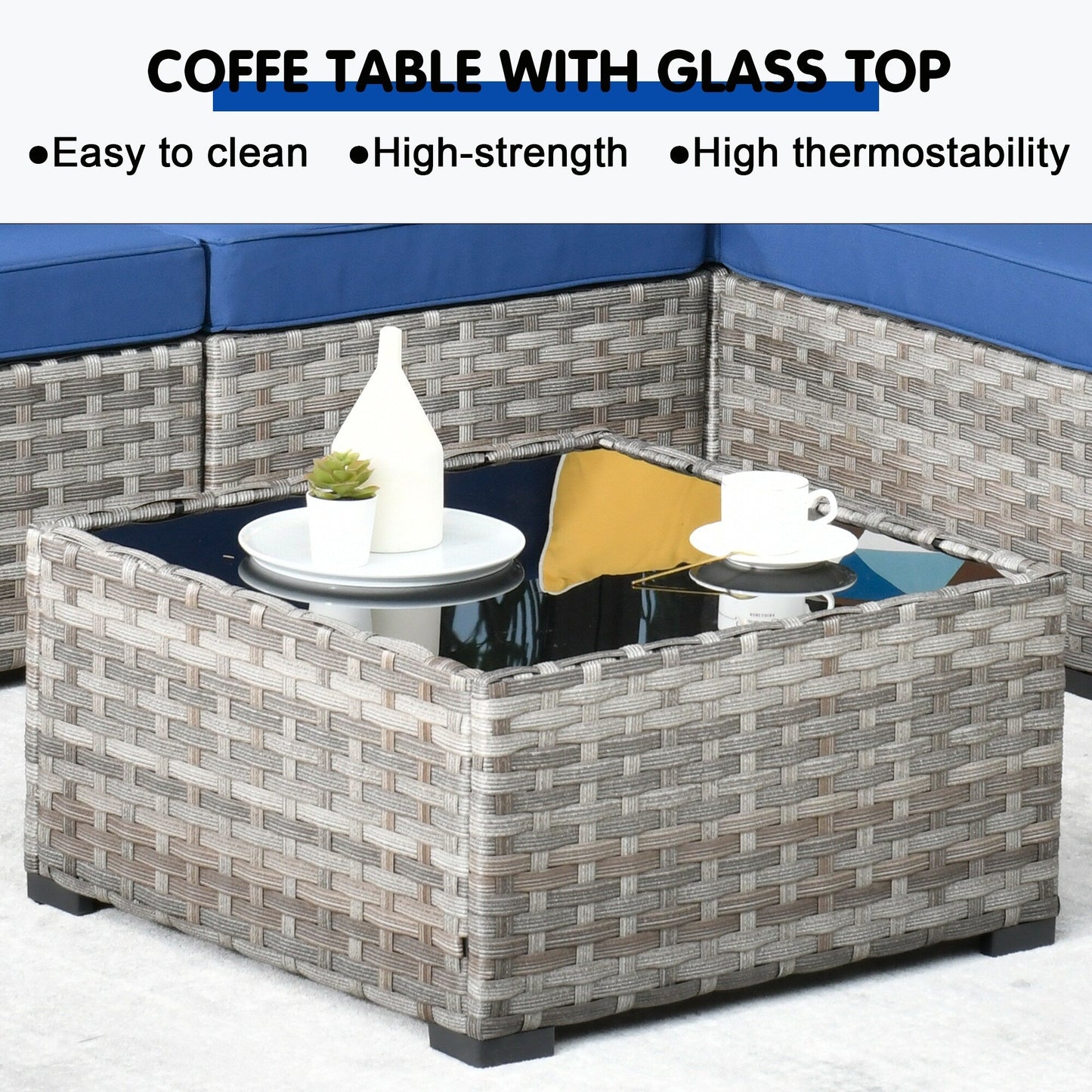 Set di 9 sedie a dondolo girevoli in vimini per patio OVIOS con tavoli con piano in vetro