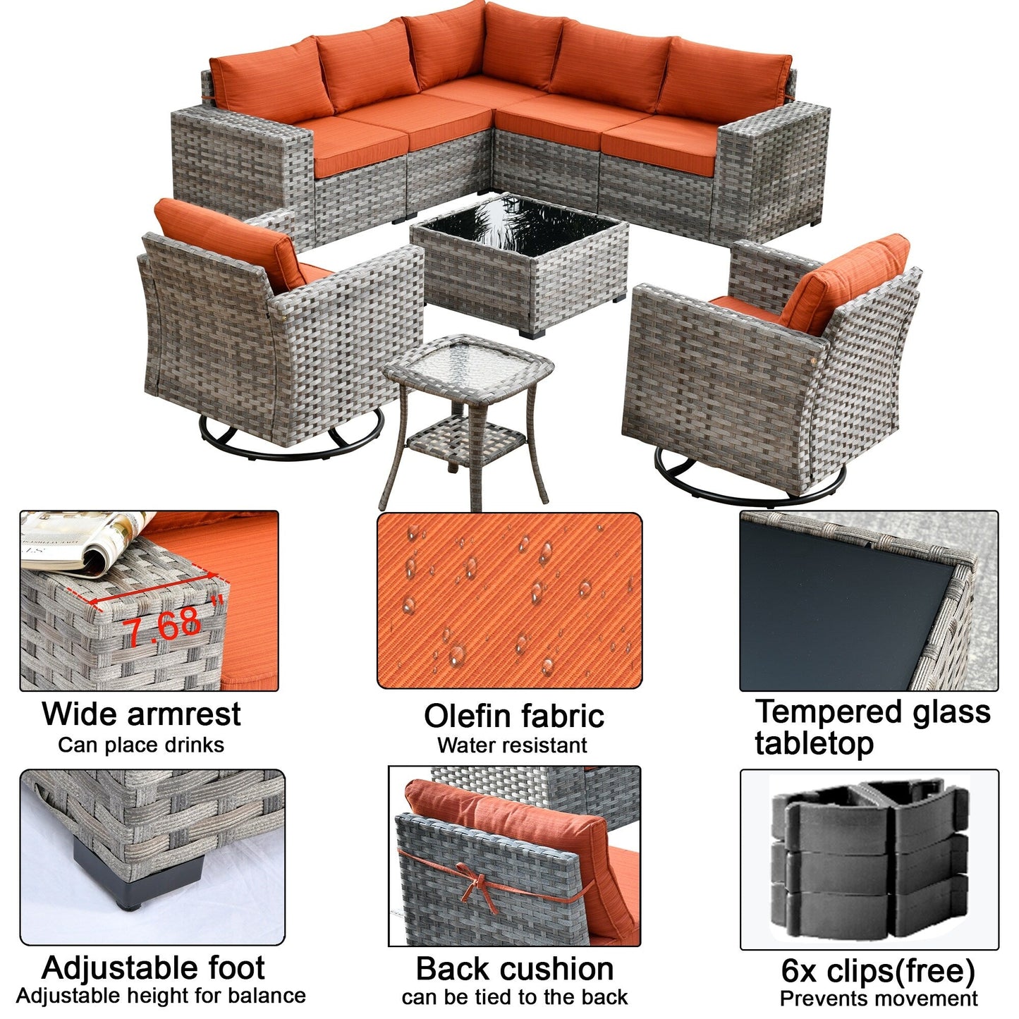 Set di 9 sedie a dondolo girevoli in vimini per patio OVIOS con tavoli con piano in vetro