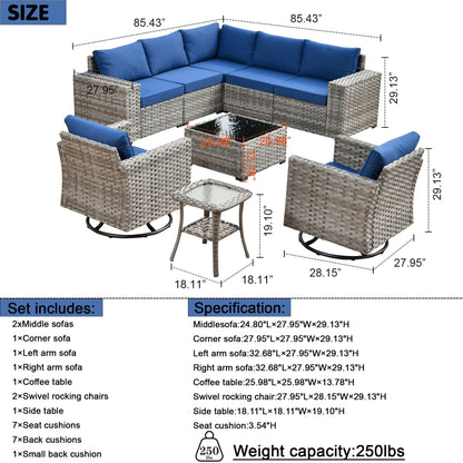 Set di 9 sedie a dondolo girevoli in vimini per patio OVIOS con tavoli con piano in vetro