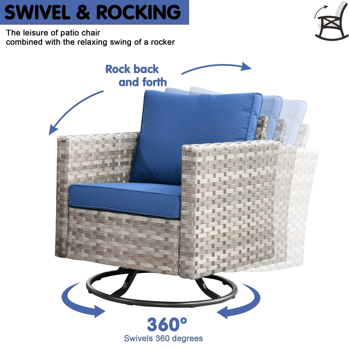 Set di 9 sedie a dondolo girevoli in vimini per patio OVIOS con tavoli con piano in vetro