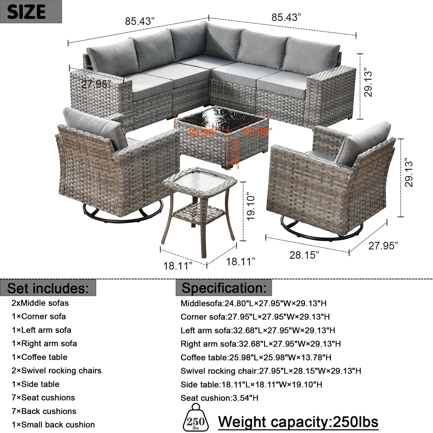 Set di 9 sedie a dondolo girevoli in vimini per patio OVIOS con tavoli con piano in vetro