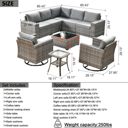 Set di 9 sedie a dondolo girevoli in vimini per patio OVIOS con tavoli con piano in vetro