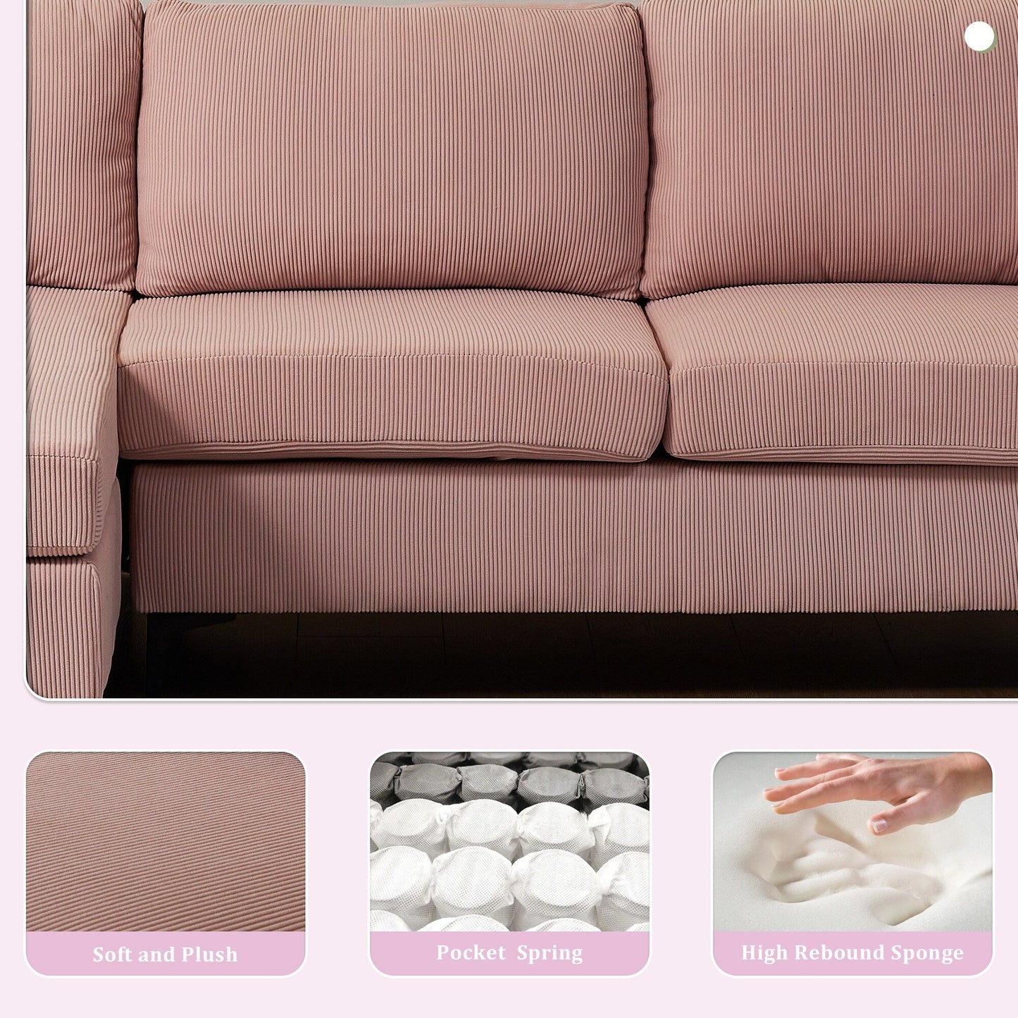 Divano chaise longue reversibile OVIOS con cuscini soffici e gambe in metallo