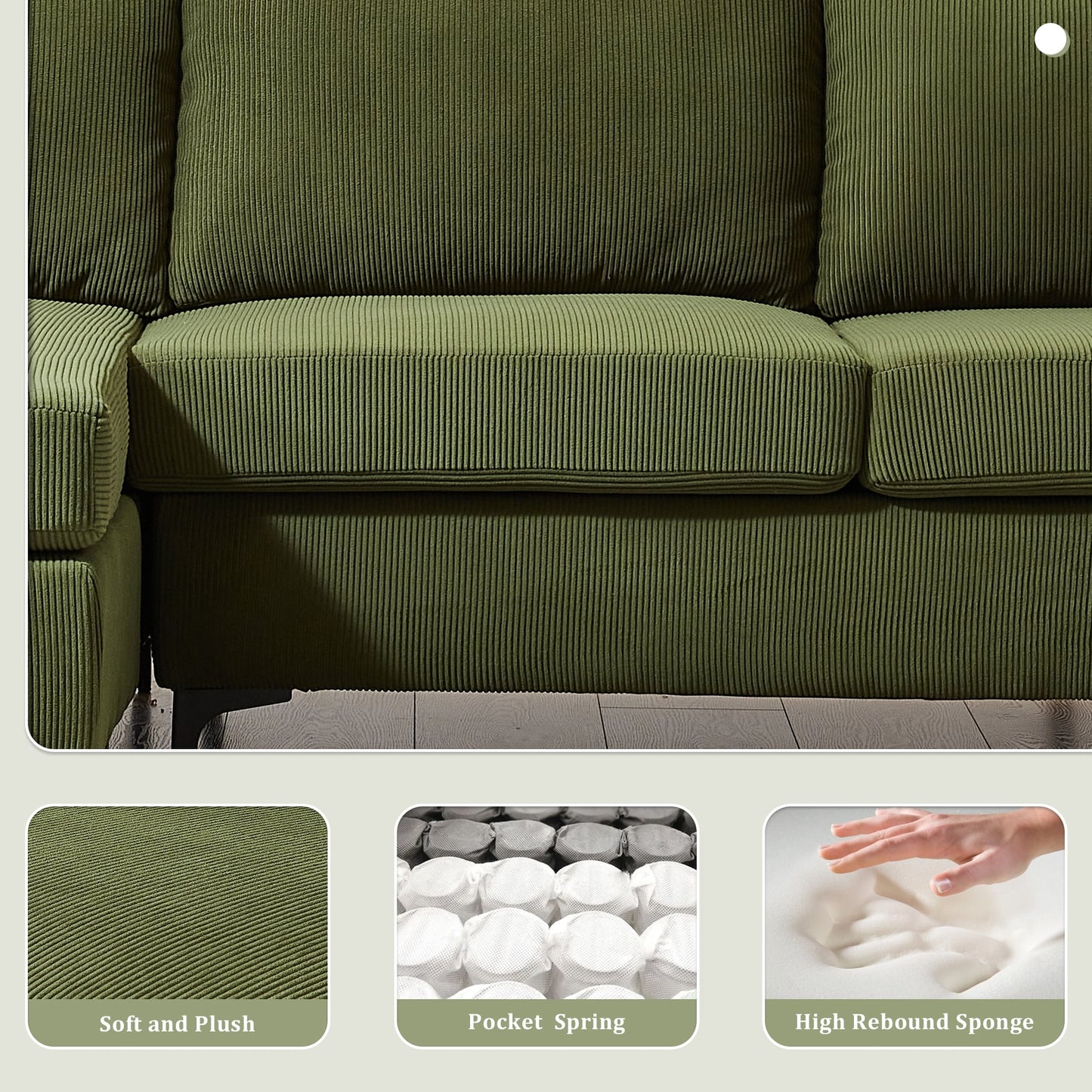 Divano chaise longue reversibile OVIOS con cuscini soffici e gambe in metallo