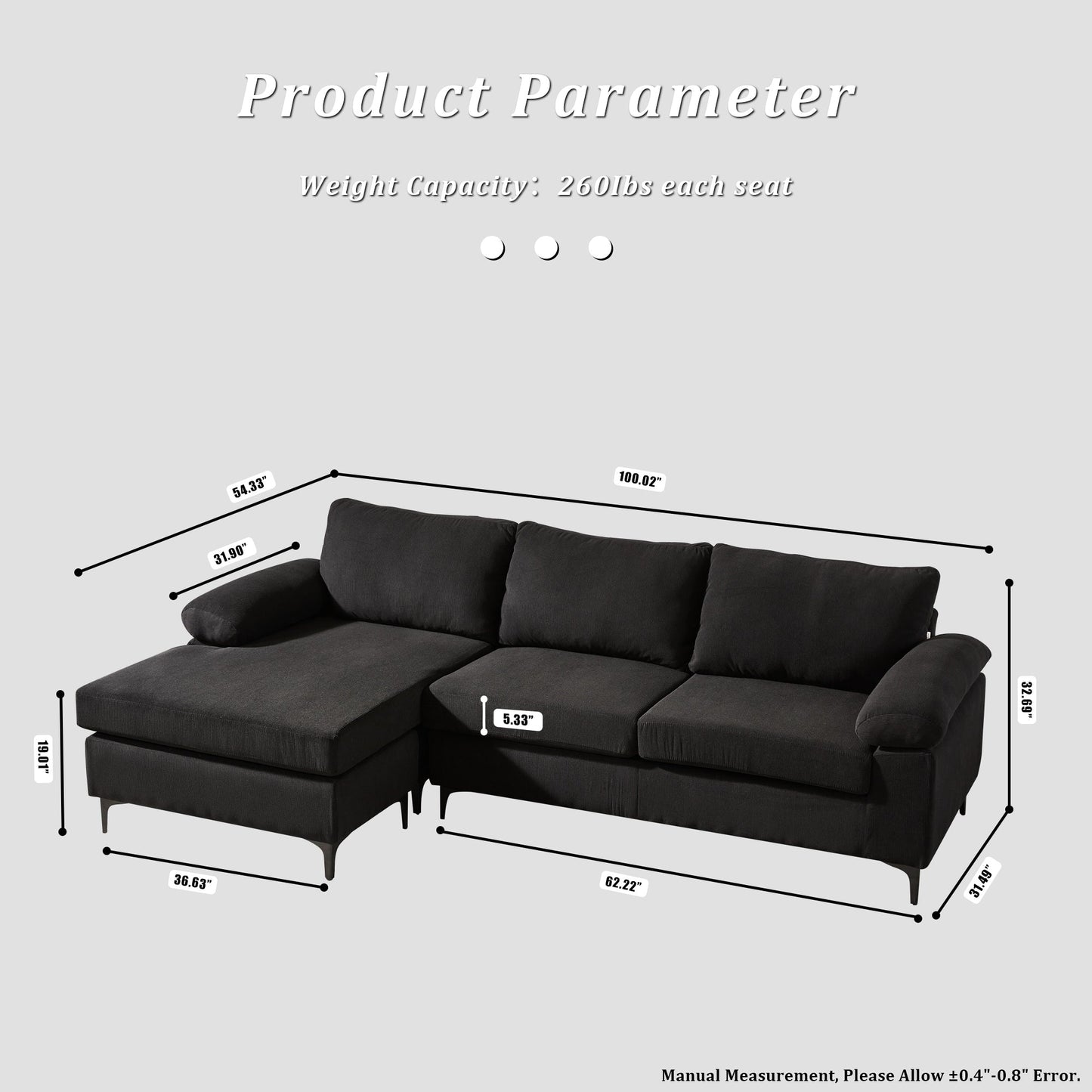 Divano chaise longue reversibile OVIOS con cuscini soffici e gambe in metallo