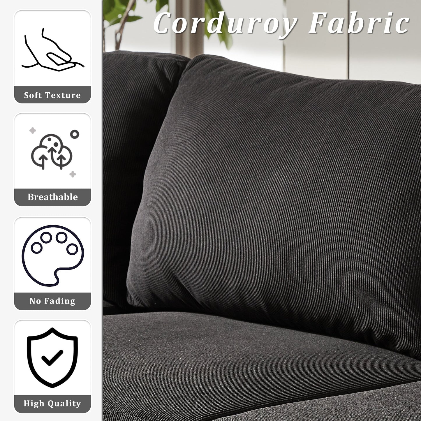 Divano chaise longue reversibile OVIOS con cuscini soffici e gambe in metallo