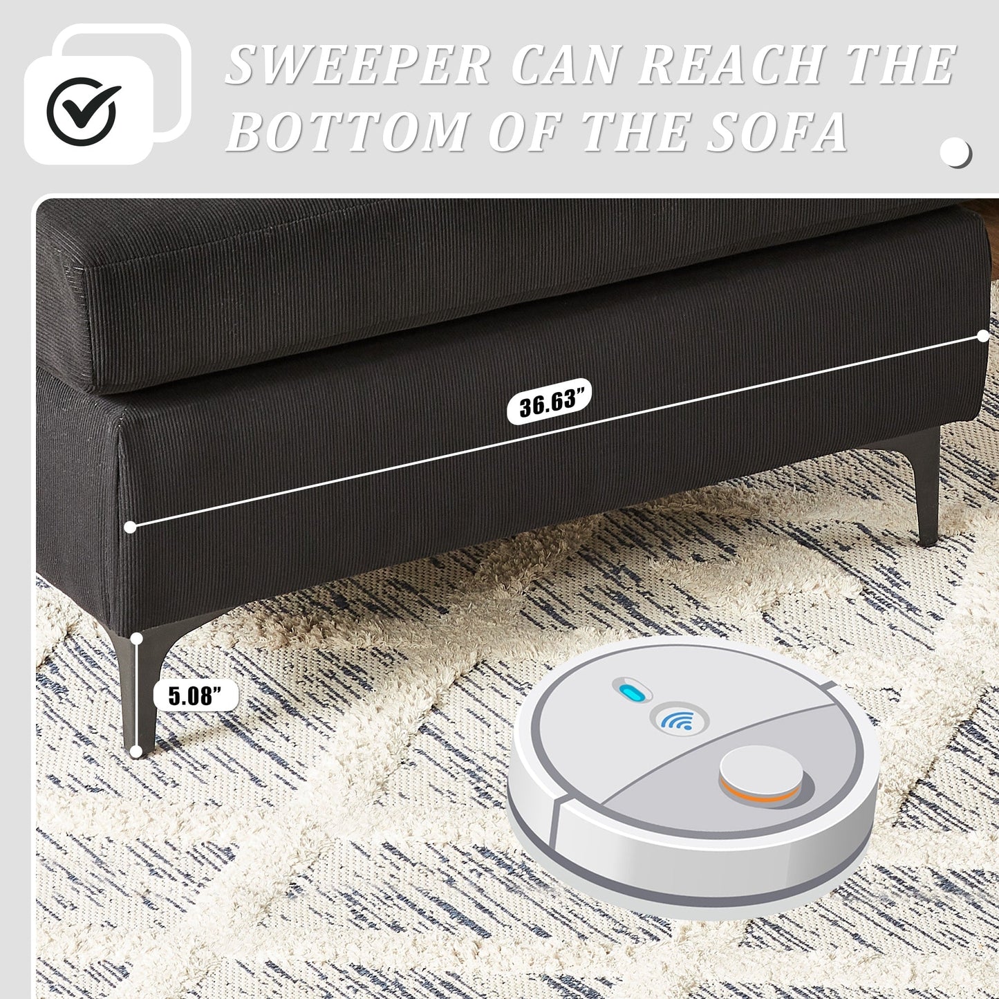 Divano chaise longue reversibile OVIOS con cuscini soffici e gambe in metallo