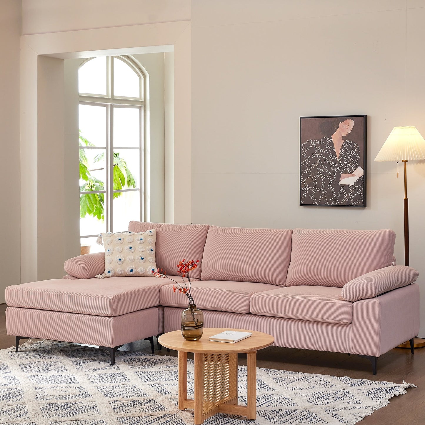 Divano chaise longue reversibile OVIOS con cuscini soffici e gambe in metallo