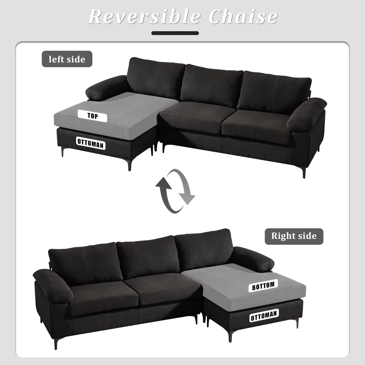 Divano chaise longue reversibile OVIOS con cuscini soffici e gambe in metallo