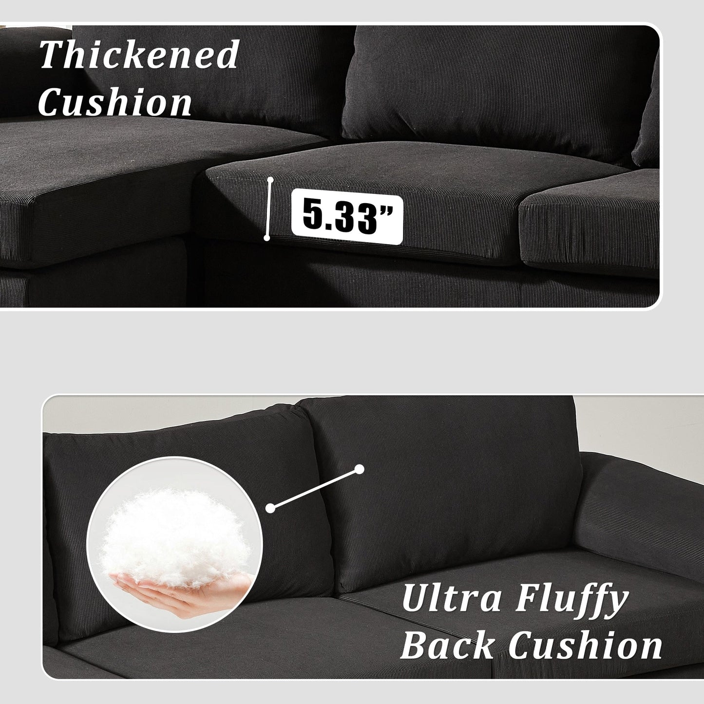 Divano chaise longue reversibile OVIOS con cuscini soffici e gambe in metallo