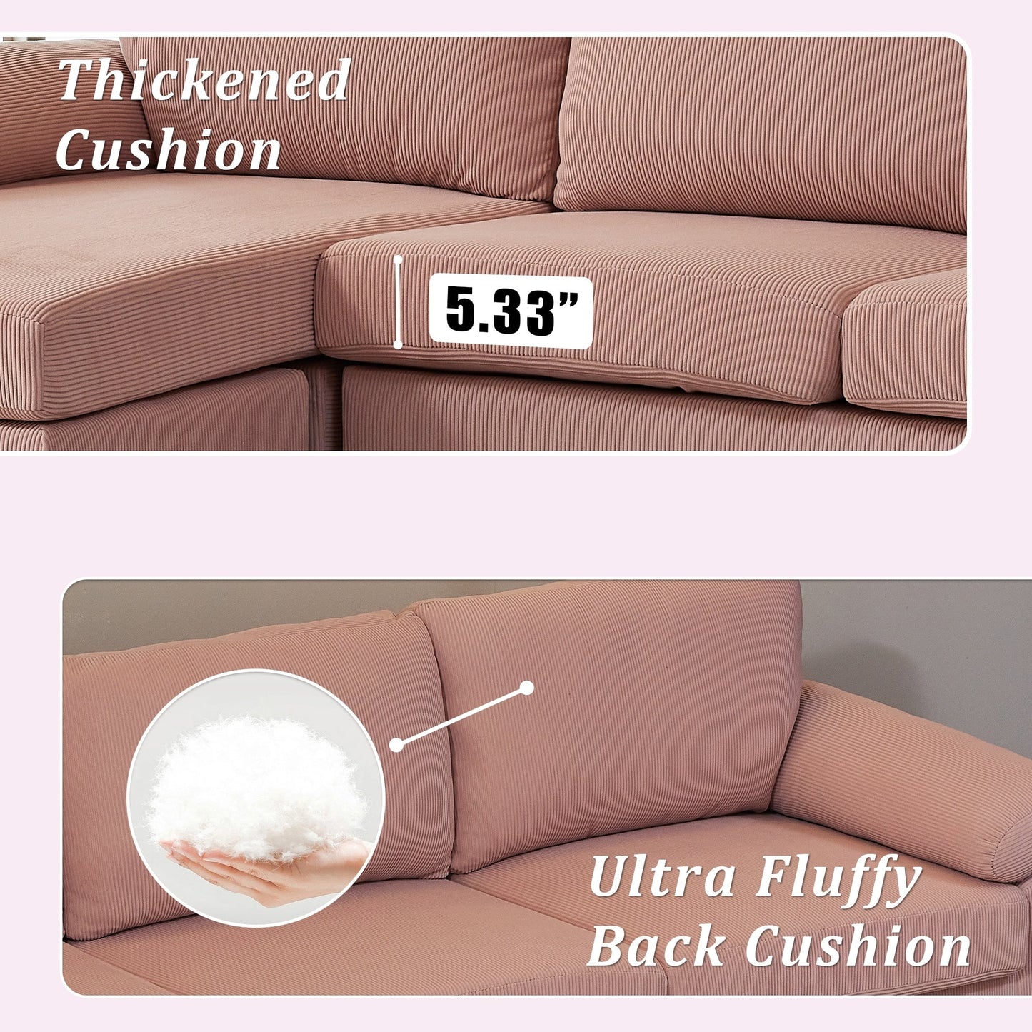 Divano chaise longue reversibile OVIOS con cuscini soffici e gambe in metallo