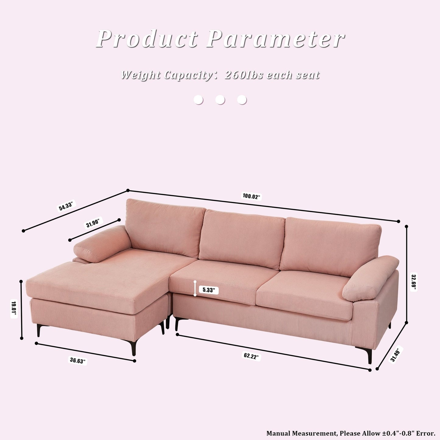 Divano chaise longue reversibile OVIOS con cuscini soffici e gambe in metallo