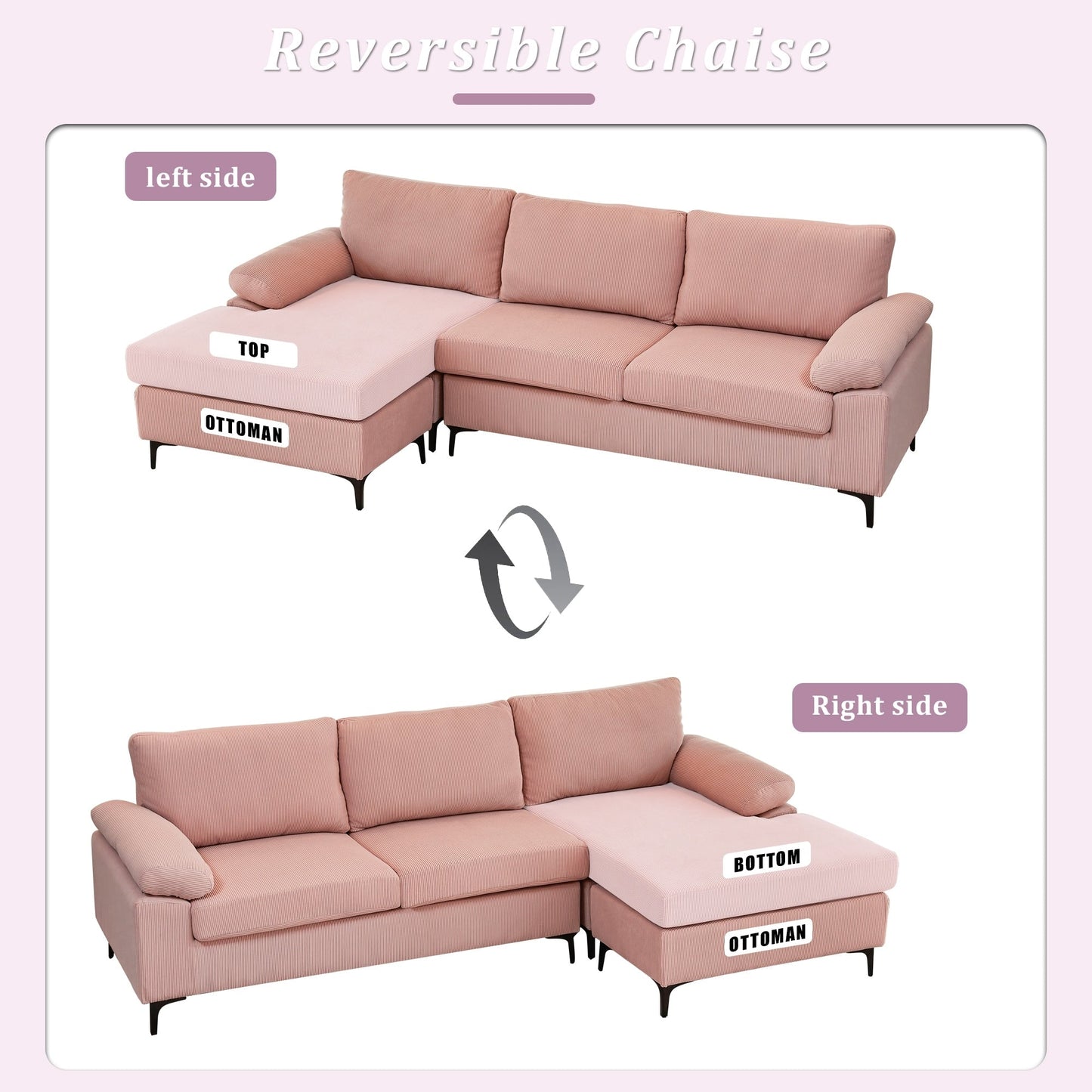 Divano chaise longue reversibile OVIOS con cuscini soffici e gambe in metallo