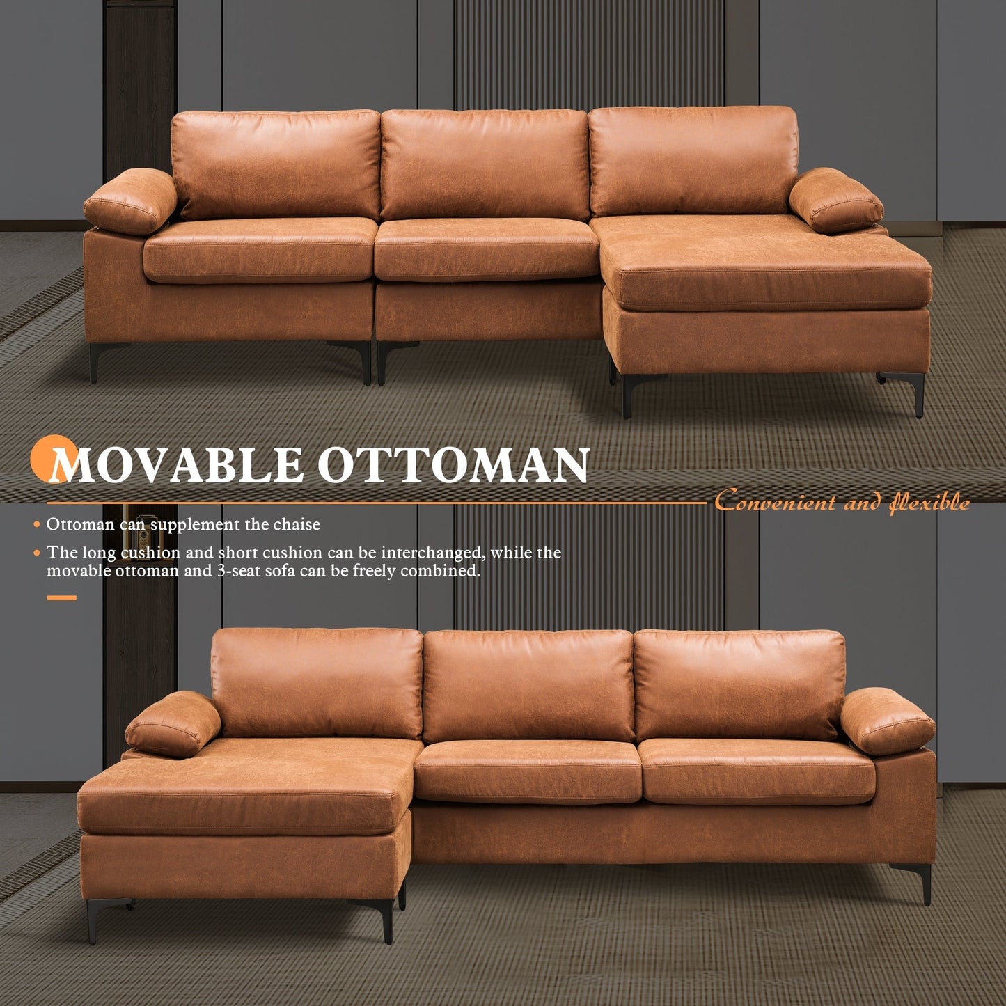 Divano chaise longue reversibile OVIOS Mid-Century in pelle scamosciata con gambe in metallo