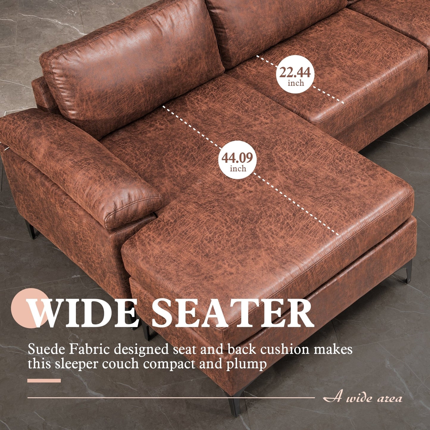 Divano chaise longue reversibile OVIOS Mid-Century in pelle scamosciata con gambe in metallo