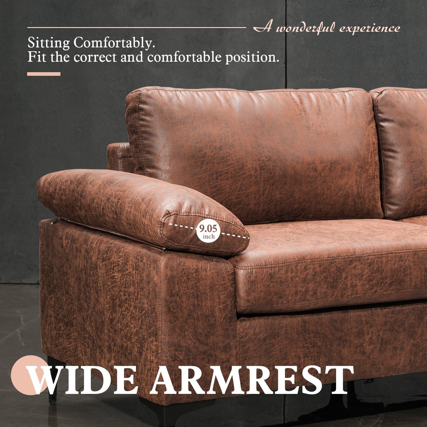 Divano chaise longue reversibile OVIOS Mid-Century in pelle scamosciata con gambe in metallo