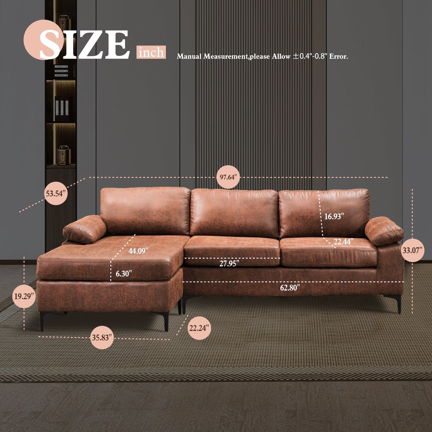 Divano chaise longue reversibile OVIOS Mid-Century in pelle scamosciata con gambe in metallo