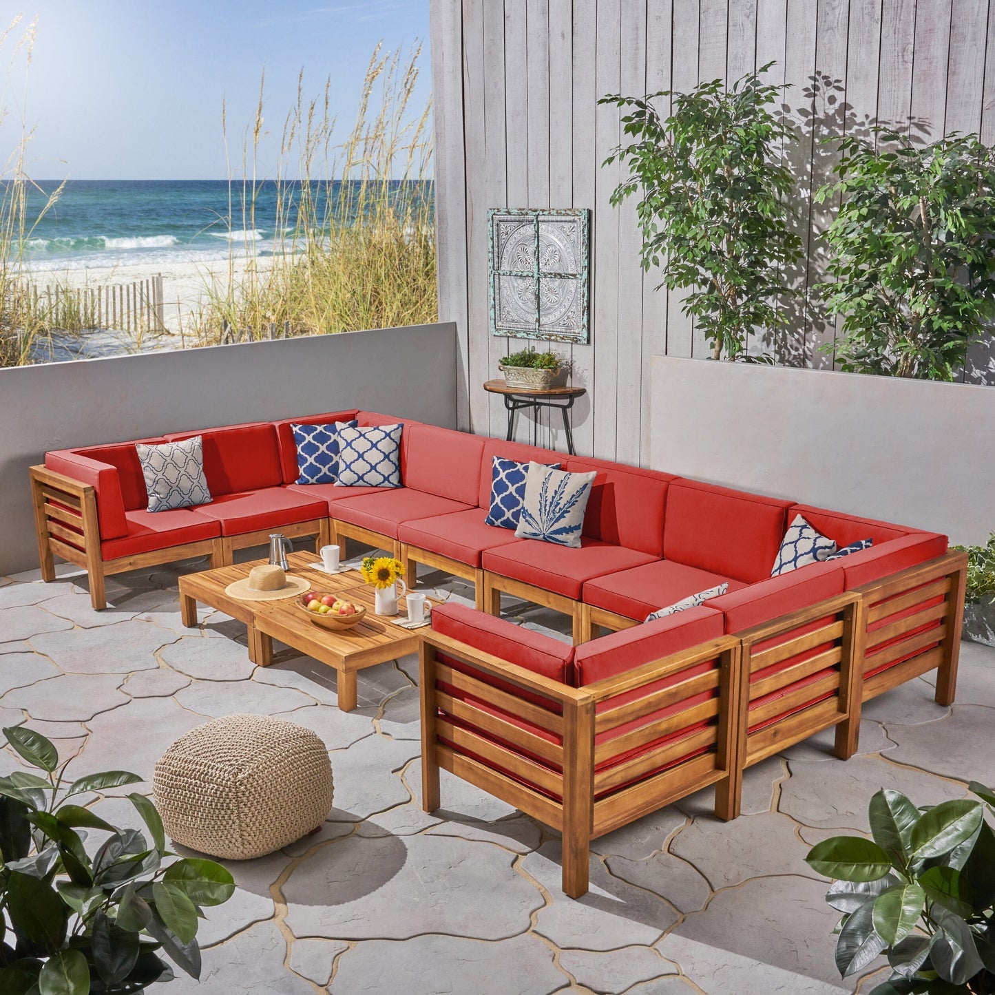 Set di divani componibili a U in legno di acacia Oana da esterno, 12 pezzi, di Christopher Knight Home