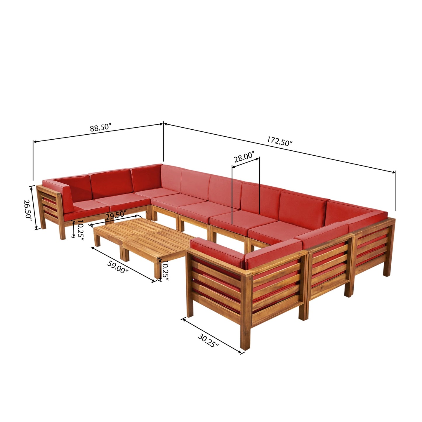 Set di divani componibili a U in legno di acacia Oana da esterno, 12 pezzi, di Christopher Knight Home
