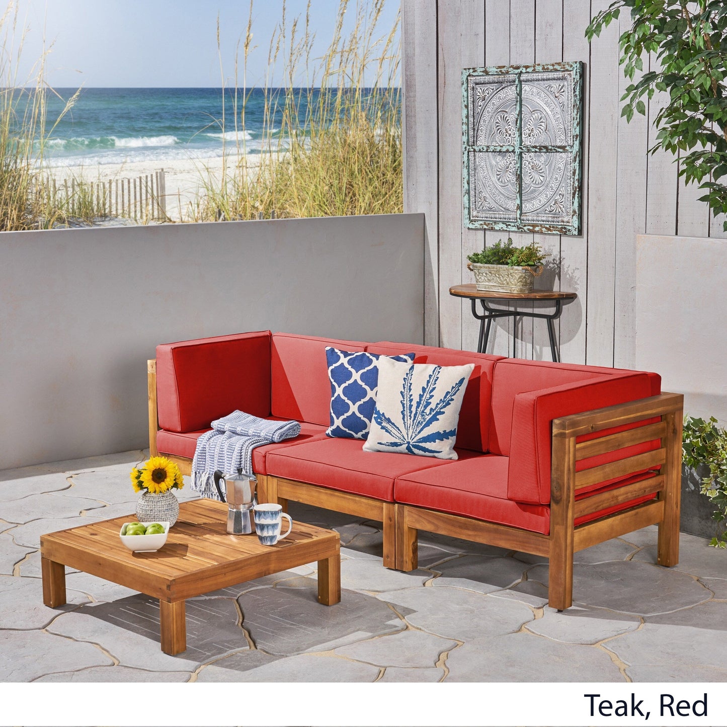 Set di divani componibili da esterno Oana a 3 posti in legno di acacia con tavolino da caffè di Christopher Knight Home