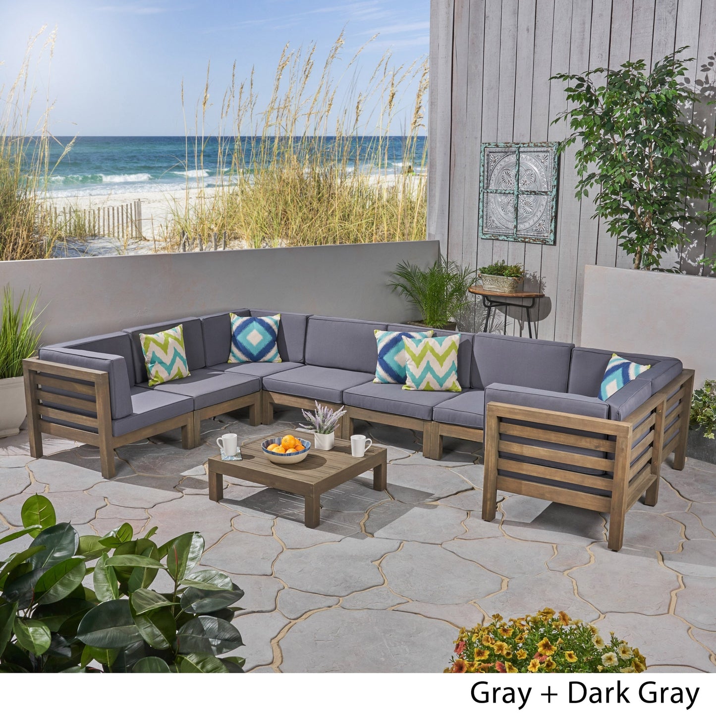 Set di 9 divani componibili a forma di U in legno di acacia Oana Outdoor di Christopher Knight Home