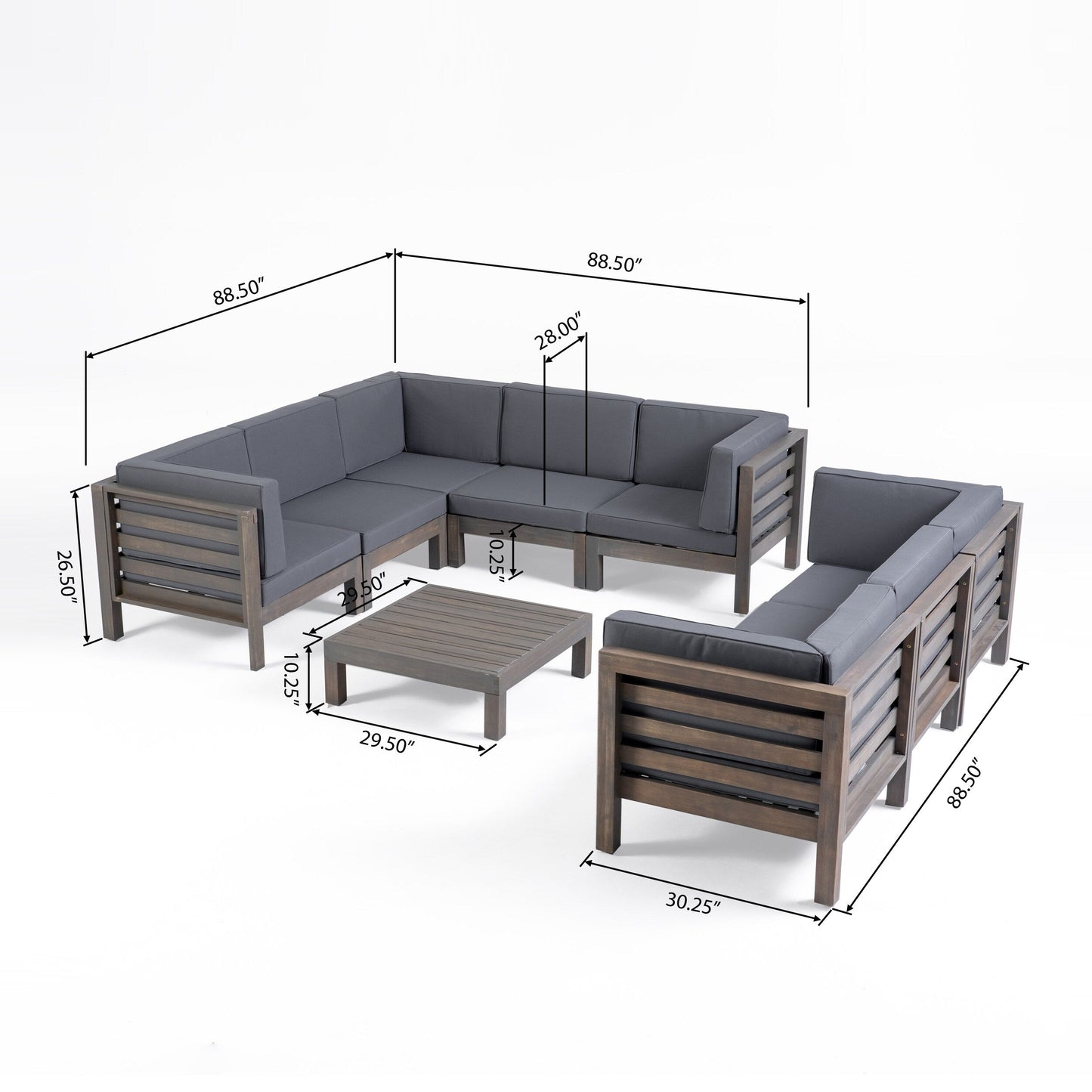 Set di divani componibili da esterno Oana in legno di acacia da 9 pezzi con tavolino da caffè di Christopher Knight Home